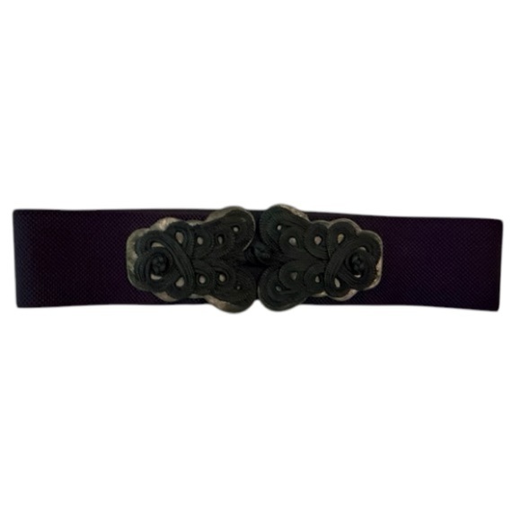 Vintage Black 3” Wide Belt with Ornate Buckle and Stretch Back - Picture 1 of 7